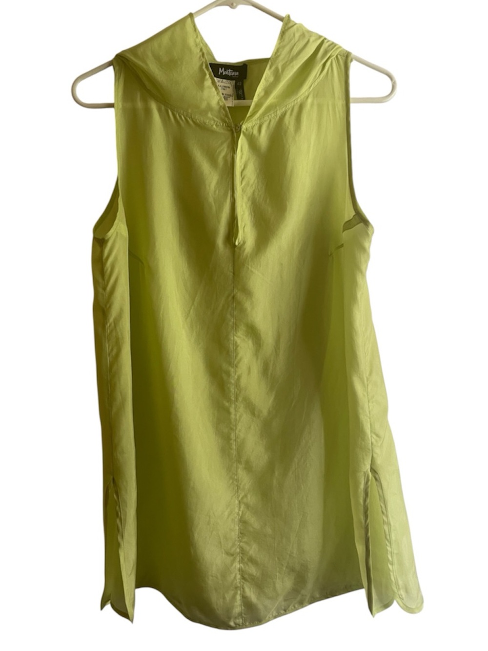 Vintage Claude Montana Sleeveless Silk Hooded Tunic Neon Chartreuse Lime IT42